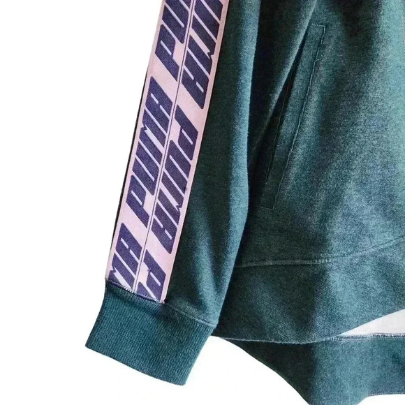 Puma Green Zip Sweatshirt | Women’s M | Pink Accents, Hi-Low Hem, Branded Sleeve - Picture 5 of 13
